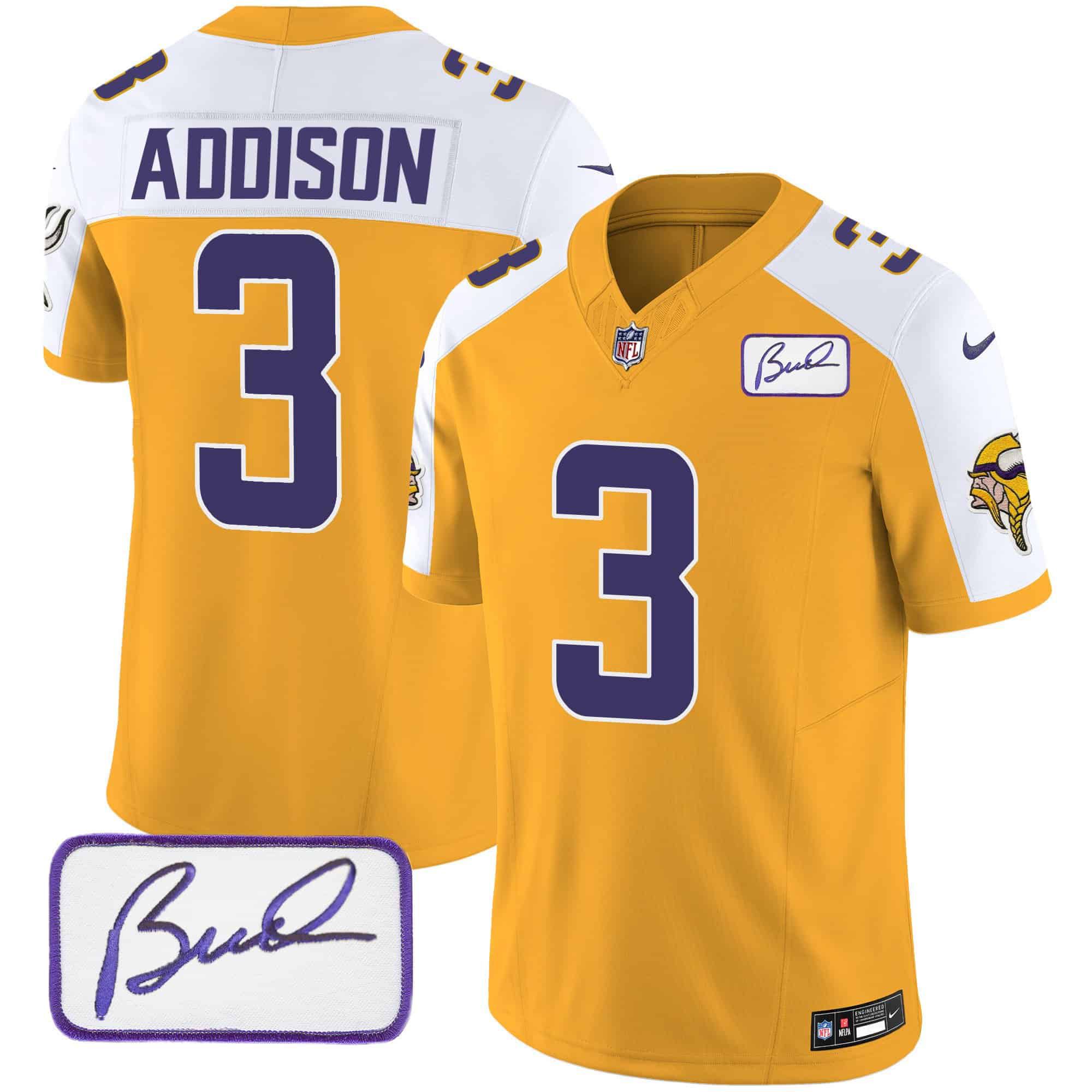 Men Minnesota Vikings #3 Addison Yellow 2024 Nike Bud Grant Patch Classic Limited NFL Jersey style 1